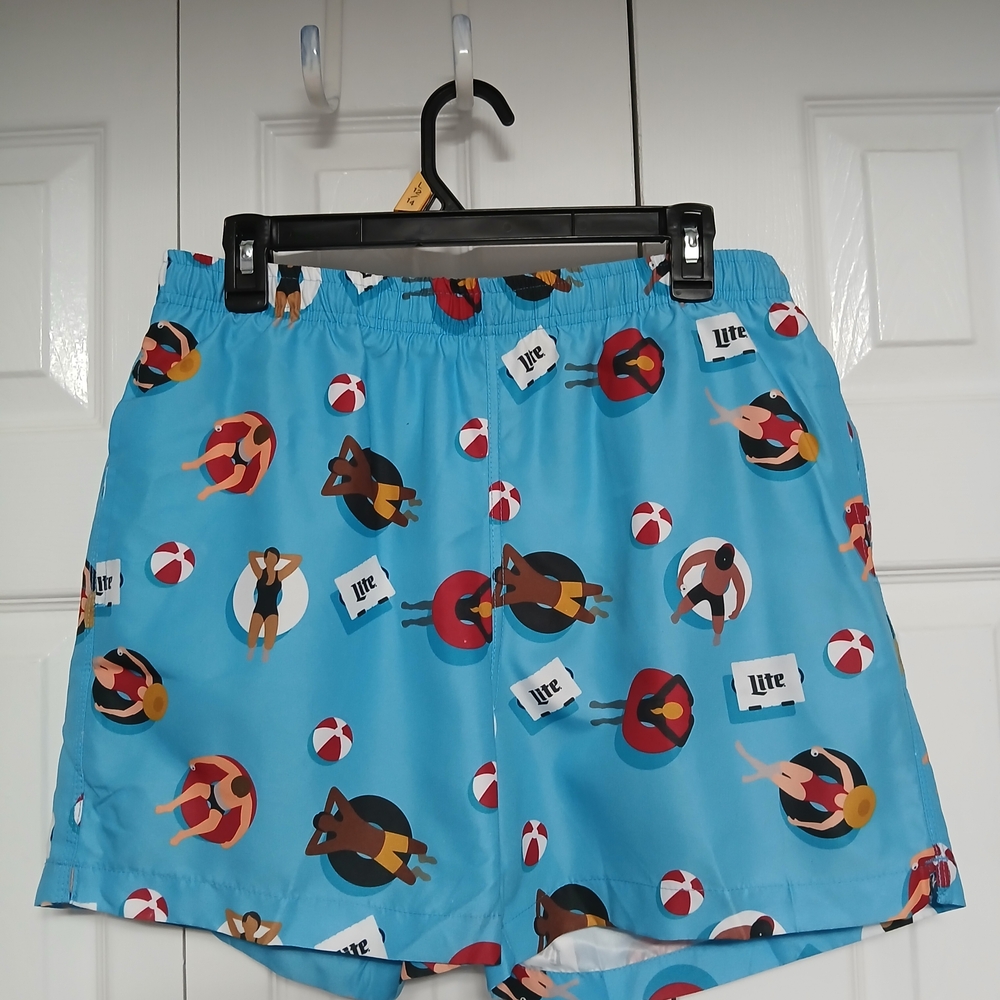 Miller Lite Men's Blue Novelty Print Swim Shorts Beach Drawstring Pockets Size M